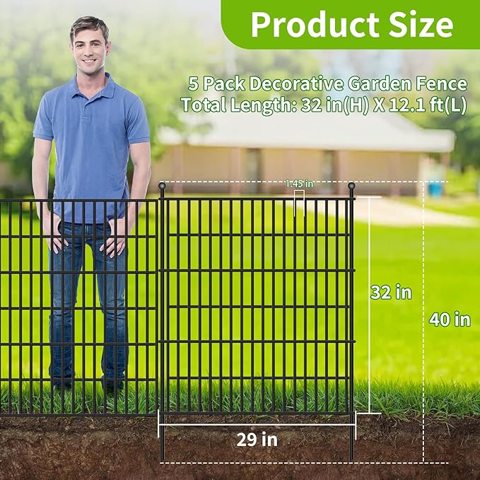 5 Panels No Dig Garden Fence, 32 in(H) X12.1 ft(L) Metal Fence Panels, Thickened Rustproof Garden Fencing, Animal Barrier for Dogs, Rabbits, and Patio