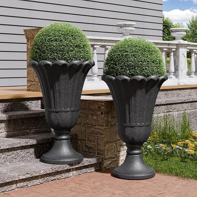 Tall Plastic Urn Planters for Outdoor Plants Set of 2-23.6" H Classic Petal Design Indoor Large Flower Pots with Drainage Holes, Outdoor Planters for Porch Decor/Garden Vase, Black