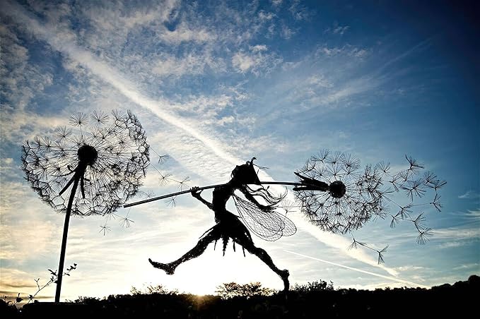 Flower Fairy Dancing with Dandelion Garden Art Sculpture Stainless Steel Statue Christmas Halloween Decoration for Outdoor Yard Courtyard Lawn Patio Metal Ornaments (Long Travel)