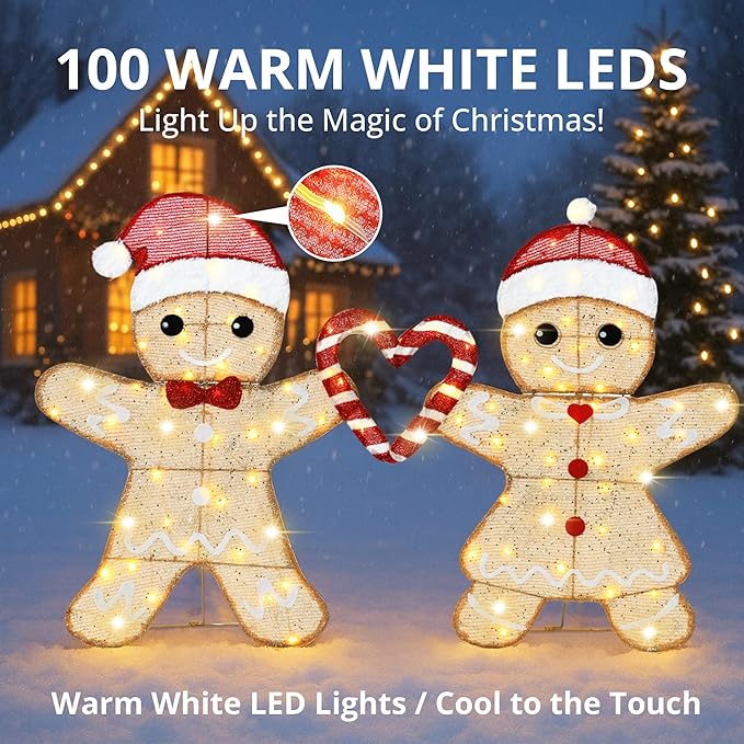 32"H Outdoor Gingerbread Lights, 2D Pre-lit Holiday Lawn Lights Christmas Decorations, 100 Warm White LEDs, Stake-Down Flat Xmas Yard Decor, Ground Decorations for Garden, Porch, Set of 2