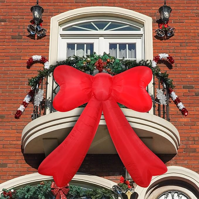 Christmas Inflatables Giant Red Bow Lighted Balcony Terrace Porch Yard Lawn Inflatable Decoration with Built-in Fan and Ropes Holiday Party Decor, Christmas Decor (7FT-Red Bow)