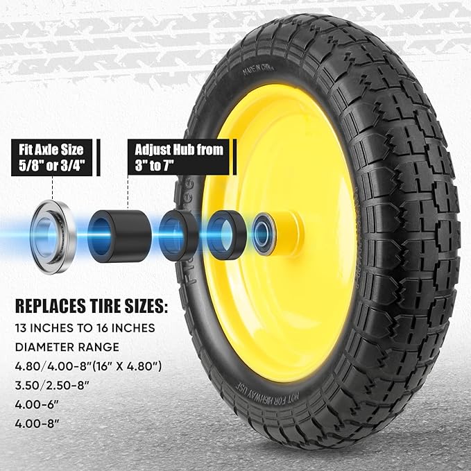 TICONN 4.80/4.00-8 Tire, 14.5" Flat Free Wheelbarrow Tire and Wheel, Solid Replacement Tires, 5/8" 3/4" Bearings, Universal Fit 4.80/4.00-8, 3.50/3.00-8, 4.00-6 (14.5" Yellow, 4PK)