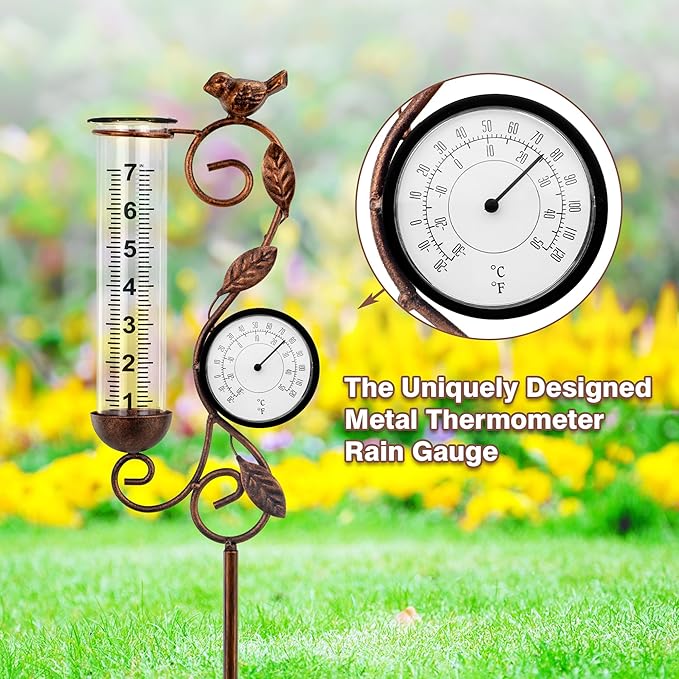 32" Garden Rain Gauge with Thermometer - 7" Glass Tube for Outdoor Indoor Use, Patio Yard Decor Statue
