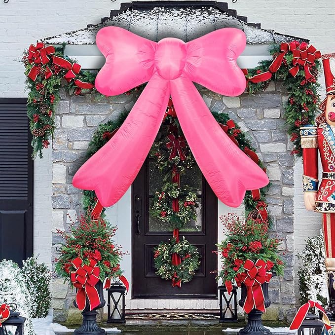 Christmas Inflatables Bow Lighted Yard Lawn Inflatable Decoration with Built-in Fan and Stakes Ropes Holiday Party Decor, Christmas Decor (7FT-Pink Bow)