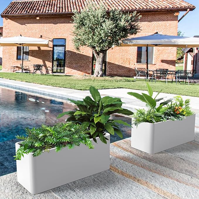 Metal Large Rectangular Planter Box White,36" L x 15" W x 15" H Long Planter Box for Outdoor Patio Porch Graden