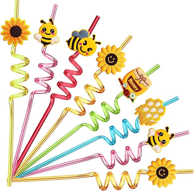 24 Bee Party Favors Bee Sunflower Honey Drinking Straws Goodie Gifts for Kids Birthday Party Supplies with 2 PCS Cleaning Brushes