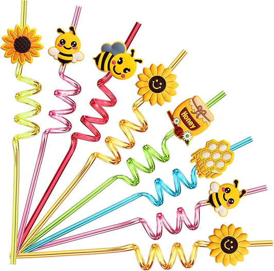 24 Bee Party Favors Bee Sunflower Honey Drinking Straws Goodie Gifts for Kids Birthday Party Supplies with 2 PCS Cleaning Brushes