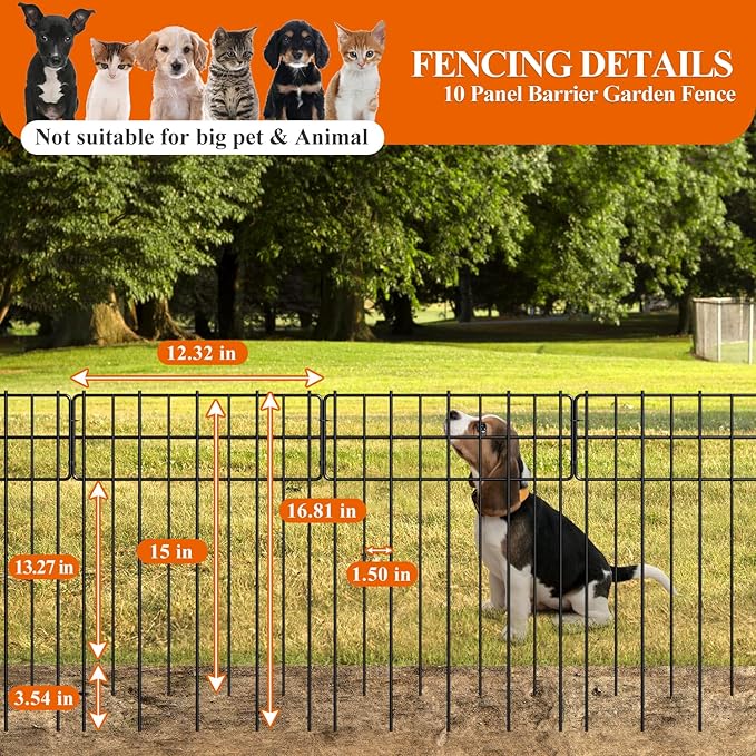 Garden Border Edging Fences, 12.32"*16.81" Decorative Fence Panel, Small Garden Fence Animal Barrier, No Dig Fences Barrier, Square 10 Pcs Black Metal Fencing, Dog Fencing Blocker for Yard, Flower Bed