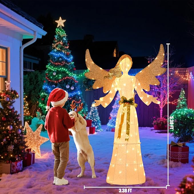5 FT Christmas Angel Outdoor Decorations, 3D Pre-lit Glittered Angel with Bow and Ground Stakes Collapsible Winged Christmas Angel for Indoor Outdoor Garden Yard Lawn Holiday Display