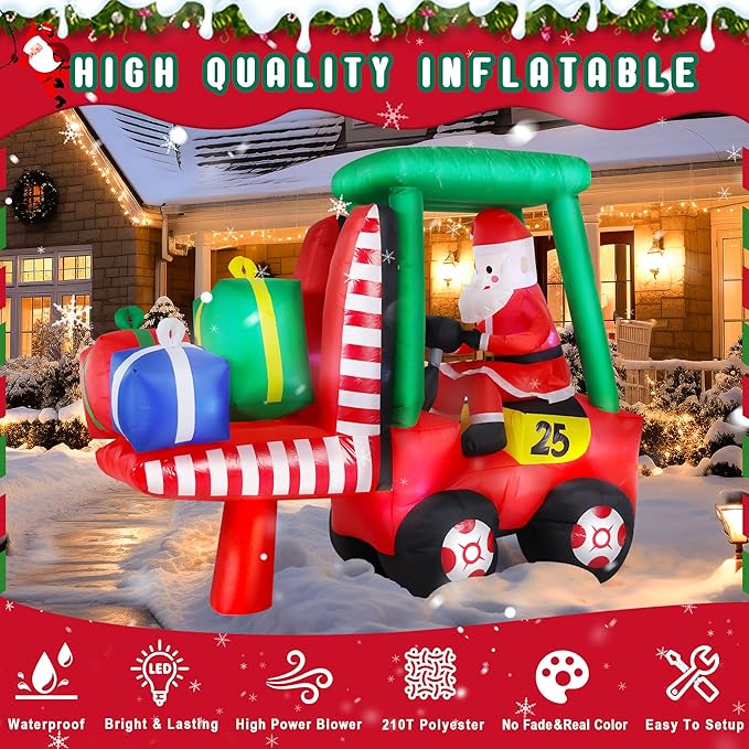 8FT Long Christmas Inflatables Decorations, Outdoor Santa Forklift Truck Decoration, Giant Blow Up with with Built-in LED Lights for Yard Garden Lawn Holiday Decor