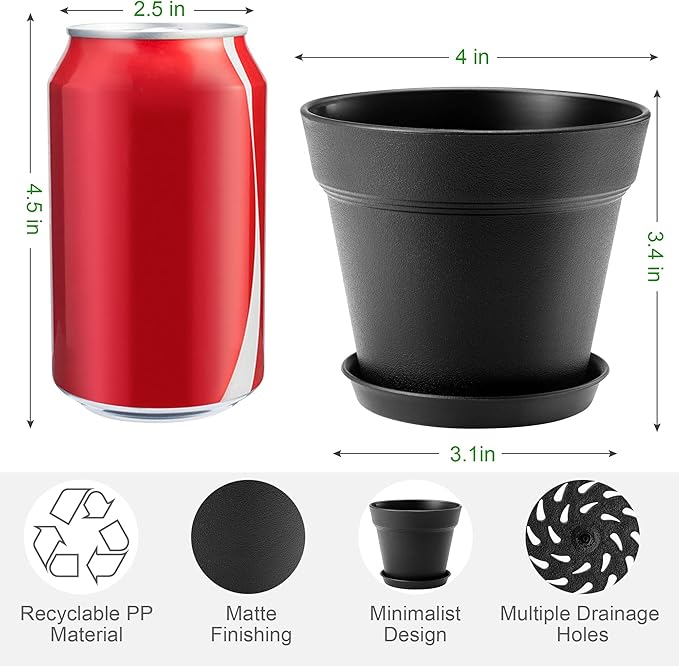 16 Pack Plastic Plant Pots with Drainage Holes and Tray, 4 inch Thickened Indoor Planters Seedlings Nursery Pots for Flowers, African Violet, Succulent and All House Plants, Green