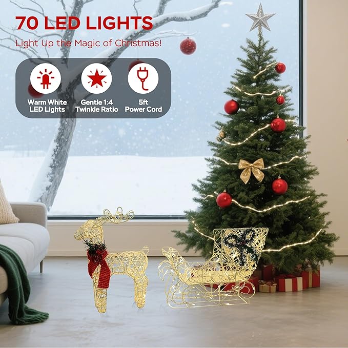 Lighted Reindeer & Sleigh Christmas Decor, 17" Pre-lit Rattan Deer 3D Holiday Displays, 70 Warm White LED, Indoor/Outdoor Yard Decoration, Easy Assembly & Durable Frame, White
