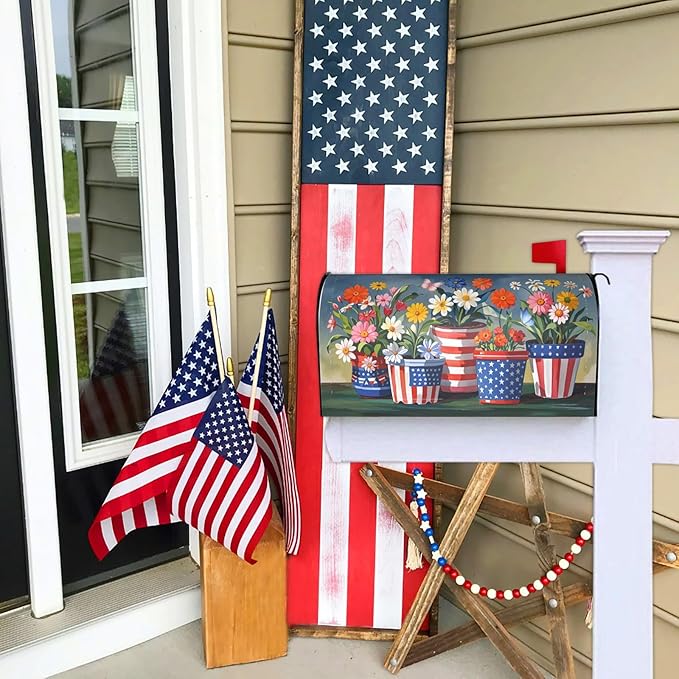 Independence Day Mailbox Covers, Summer Flowerpot Large Size Magnetic Mailbox Cover, July 4th Patriotic 25.1x21 Inch Post Letter Box Case for Outside Decor