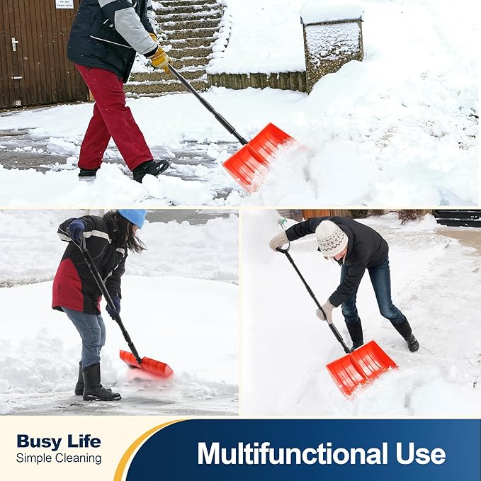 Yocada Snow Shovel for Driveway Home Garage Snow Removal Aluminum Strip with D-Grip Handle 55 inch Long Large Capacity Shovel for Garden Car Camping Outdoor Orange