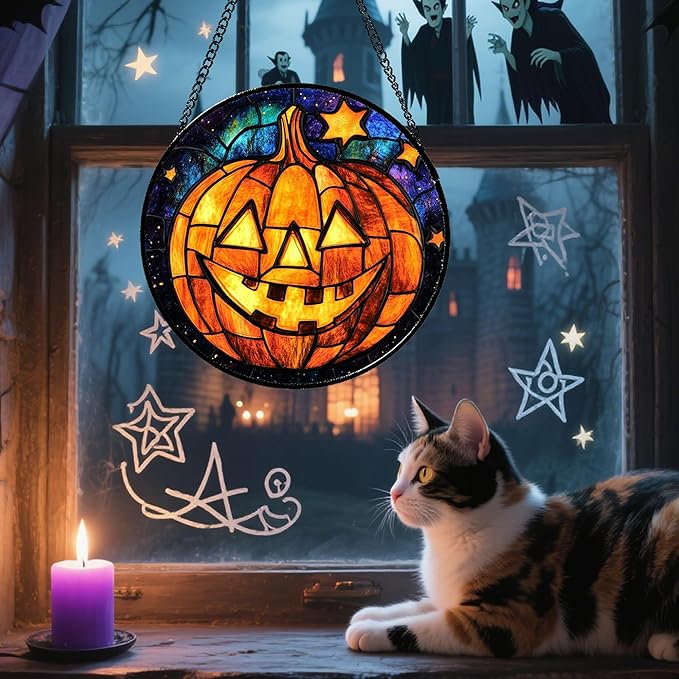 Stained Glass Window Hanging Halloween Horror Golden Pumpkin 7.8" - Suncatcher Door Garden Sunroom Gothic Style Sun Catcher Birthday for Friend Mom Men Woman Nana