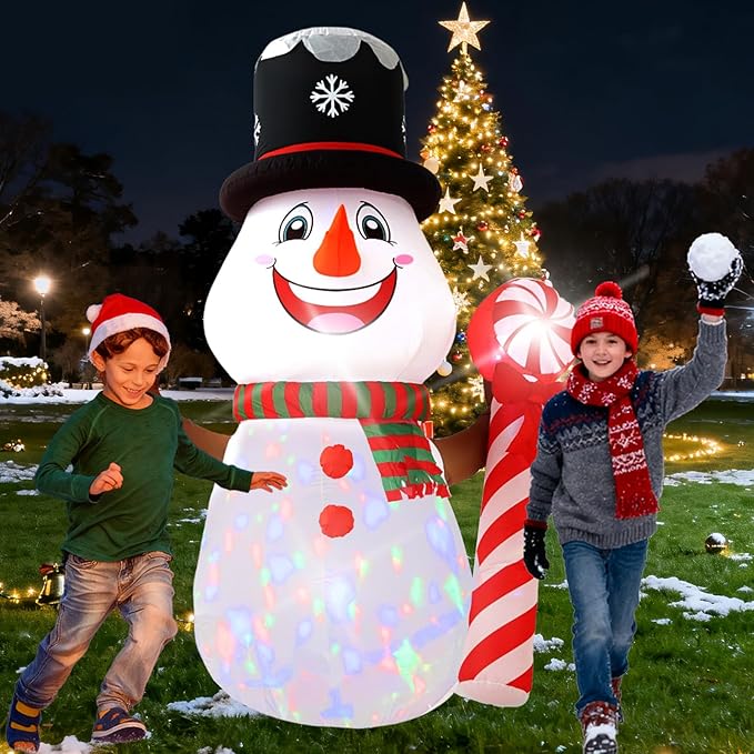 8FT Candy Cane Snowman Christmas Decoration with Built-in LED Lights and Colorful Rotating Lights, Christmas Outdoor Inflatable Decoration for Lawns, Yards, Gardens, and Patios