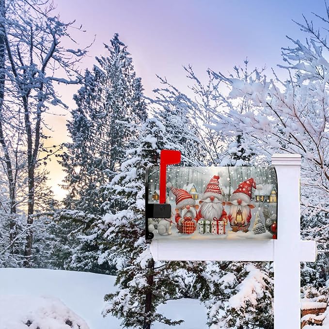 Christma Mailbox Cover Winter Santa Claus Mailbox Covers Magnetic Cute Gnomes Post Letter Box Cover Standard Size 21x18 inch for Garden Outdoor Colorful Gifts