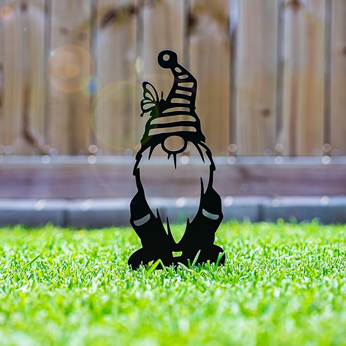 RealSteel Garden Gnomes - Whimsical Metal Yard Stakes - 3 Pack Outdoor Lawn Ornaments with Butterfly Hats - Garden Decorations