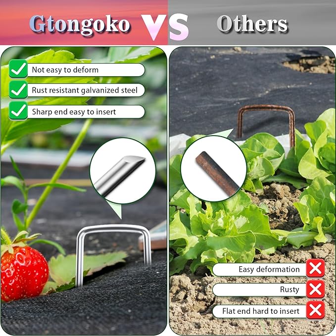 Gtongoko 50 Pack 10 Inch Galvanized Landscape Staples Garden Plant Cover Stakes 11 Gauge SOD Staples Ground Fence Stakes for Landscaping Securing Weed Barrier Fabric
