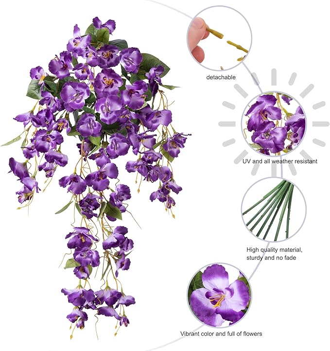 Artificial Hibiscus Fake Hanging Flowers Plants for Outdoors Spring Summer Decor, 2pcs Purple Silk Hibiscus Long Trailing Vines UV Resistant Realistic Faux Flower for Outside Front Door Porch Patio