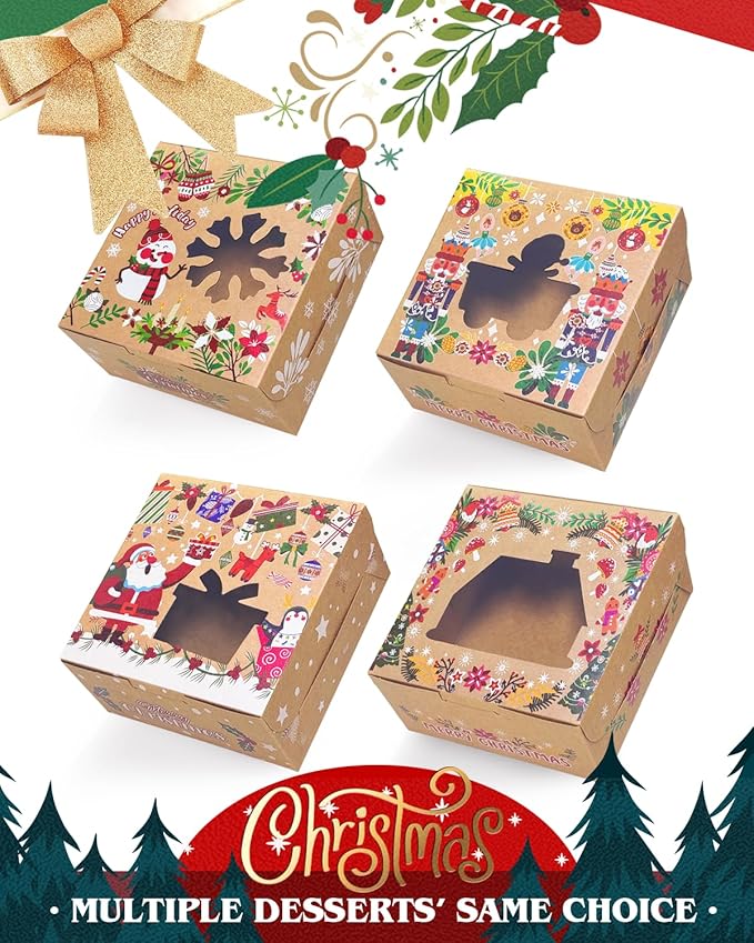 qiqee Christmas Treat Boxes with Window 36pcs 6x6x3 Brown Kraft Bakery Cookie Boxes Small Donut Pastry Boxes for Holiday Gift-giving Party Supply