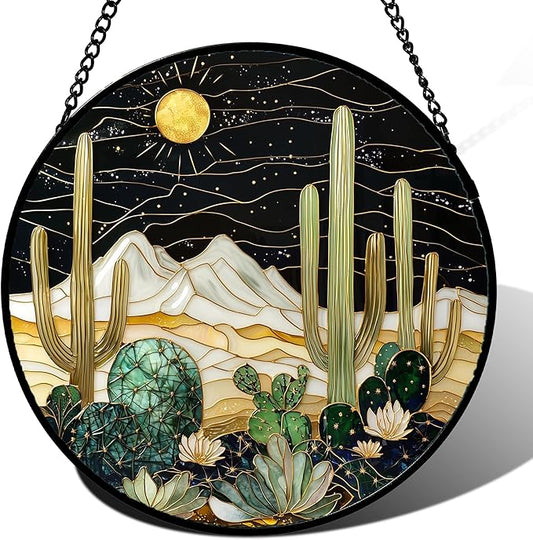 Stained Glass Window Hanging, Black and White Golden Cactus Nature Suncatcher for Doors Window Home Starry Sky Sun Catchers Decor Mother's Day Birthday Gifts for Women, Men Mom 7.8 in
