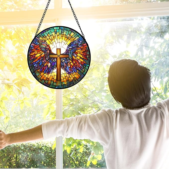 Stained Glass Window Hanging - Jesus Cross Wings Suncatcher Ready to Hang Window Doors Home Decoration and Christmas, Mother's Day Birthday Gifts for Women, Men, and Mom 7.8x7.8 in