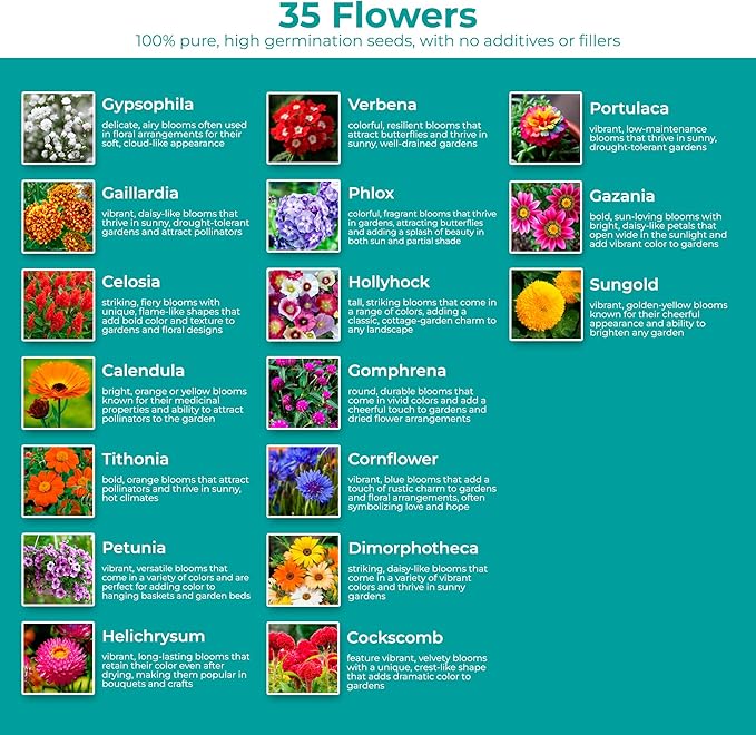 1700 + Mixed Combo Flower Seed Varieties for Your Home Garden, 35 Varieties Including Petunia, Zinnia, Sunflower Seeds and More, Attracts Pollinators, Non- GMO and Heirloom Seeds