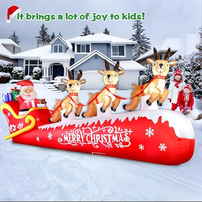 FunFanso 12FT Christmas Inflatable Santa Claus on Sleigh with 3 Reindeers Outdoor Decorations, Giant Christmas Blow Up Yard Decorations with Bright LED Lights for Lawn Street Garden Xmas Holiday Party