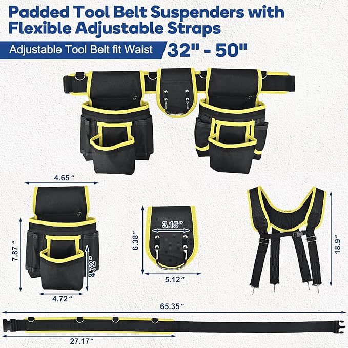 Tool belts for men - multi-functional detachable adjustable tool belt with shoulder strap magnetic wristband set, suitable for electricians and carpenters。 (black and yellow)
