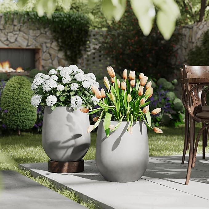 DTY Signature Mount Wilson Lightweight and Durable Modern Fiberstone Tapered Planter for Indoor Outdoor, Drainage Hole & Rubber Plug, Weather Resistant, 11.8" H x 11" Dia, 8" Opening - Small, Gray