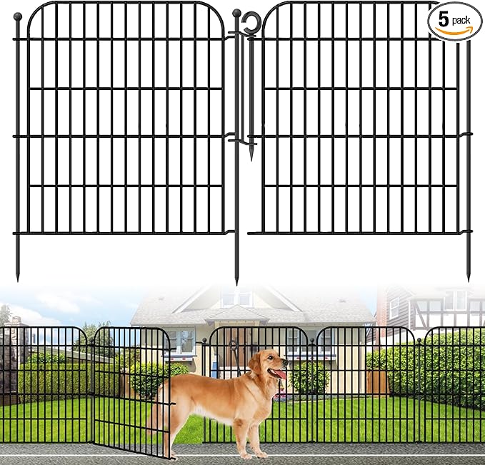 5 Panels No Dig Decorative Garden Fence with Gate, Total 11.8 ft(L) x 32 in(H) Animal Barrier Border for Dog, Rustproof Metal Wire Panel Border for Yard, Temporary Tall Fencing with Ground Stakes