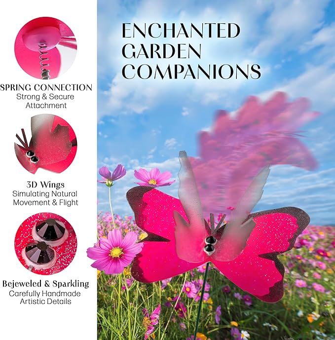 Handmade Pink Butterfly Garden Stakes Set of 7 - Decorative Outdoor & Indoor Plant Decor - Nature Lover Gift Idea by Air Aquarium Kushner