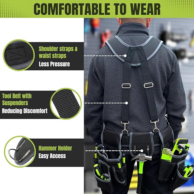 Tool Belt, Tool Belts for Men, 32 to 66 Inches Adjustable Waist, Electrician and Carpenter Tool Belt with Suspenders for Construction and Gardening, Black and Grey