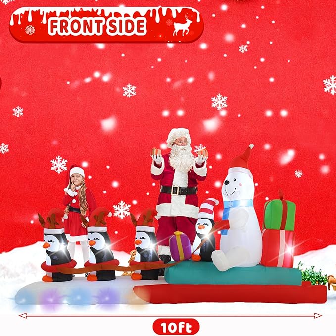 10FT Penguin Pulling a Polar Bear On a Sleigh Christmas Outdoor Inflatable Decoration, Built-in LED Lights and Flashing Lights, Suitable for Christmas Lawns, Gardens, and Courtyards