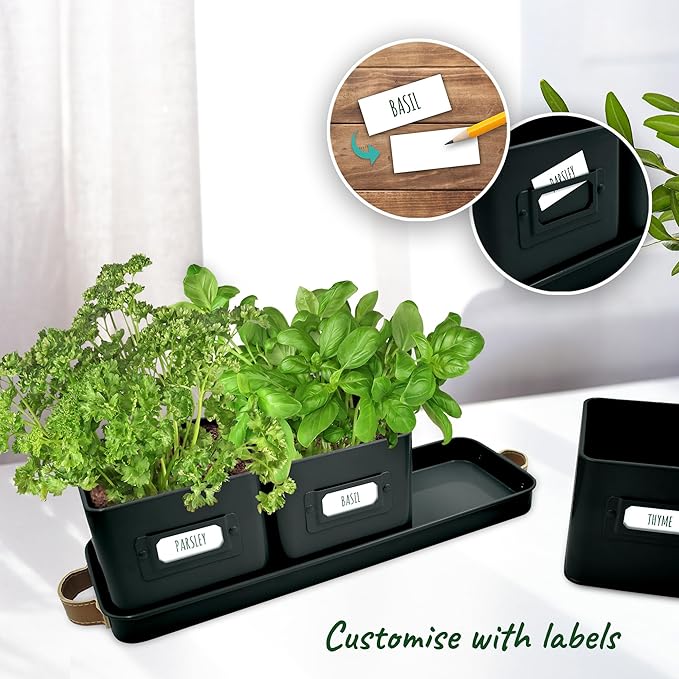 volila Herb Planter Indoor - Set of 3 Black Indoor Herb Garden Pots for Plants with Leather Handled Tray - Window Sill Plant Shelf - Herb Pots with Drainage Holes and Labels