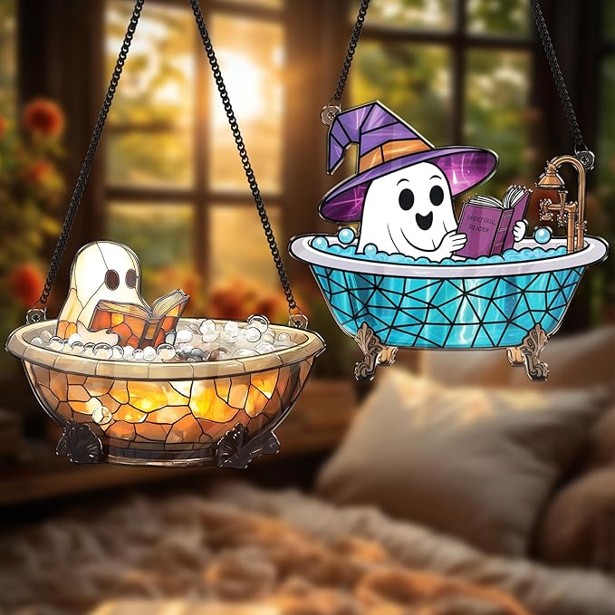 2 Boo Bathtub Acrylic Suncatchers, Gothic Cute Ghost Reading Book Window Hanging Ornaments, Halloween Horror Home Decor Witch Handmade Wall Art, Gift for Women Mom Friends Family