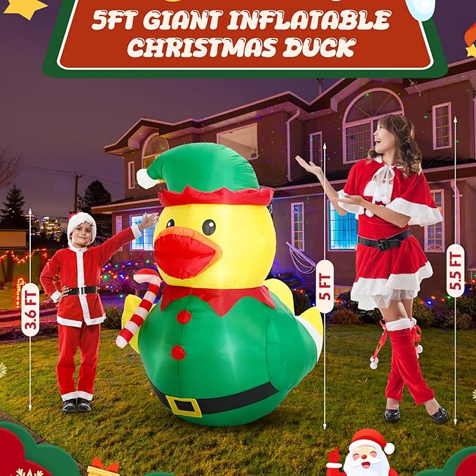 Leyndo 5FT Christmas Inflatables Decoration Outdoor Giant Christmas Elf Duck Inflatables Blow Up Duck with Build-in LEDs Lights for Xmas Party Mall Garden Patio Yard Lawn Indoor Outside Decor
