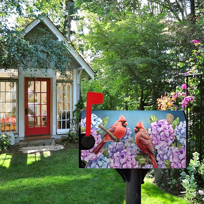 Spring Mailbox Covers Magnetic Oversized Cardinal Hydrangea Mailbox Post Cover Summer Flowers Bird Mailbox Wrap Colorful Floral Mailboxs Waterproof for Garden Yard Large Size 25.5x21 Inch