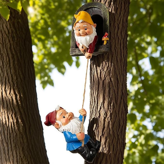 Teaeeno Gnome Garden Decoration Climbing Tree Decor Outdoor, Fairy Door Tree Face Figurine Lawn Patio Decor, Funny Climbing Elves Tree Peeker Sculpture Yard Art