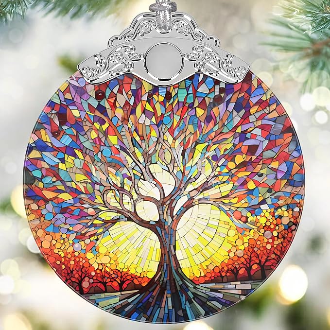 Tree of Life Decor - Stained Glass Christmas Ornament - Hanging Decoration for Tree - Gifts for Friends, Family