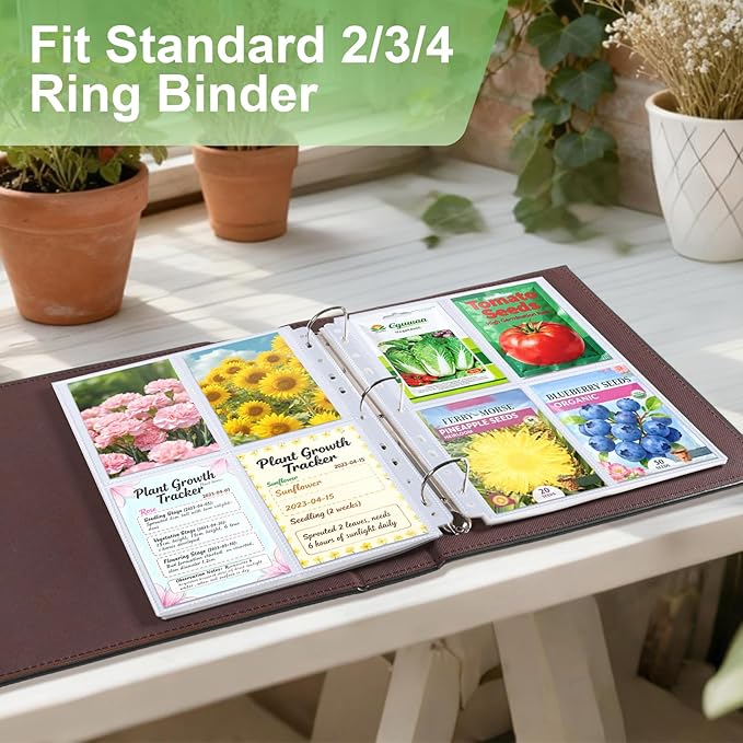 A4 3 Ring Binder Garden Seeds Storage Album with 30 Pcs 3.5x5” Seed Packet Sleeves, PU Leather Hardcover Organization Book for Seed Packet，Photo, Index Card，240 Top Loading Pockets Capacity