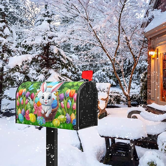 Easter Mailbox Covers Magnetic Rabbit Mailbox Cover Spring Colorful Tulips Post Letter Box Cover Outdoor Garden Holiday Decoration 21x18 in Eggs