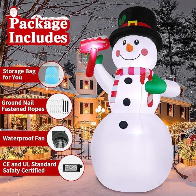 GOOSH 10.3 FT Christmas Inflatables Snowman Outdoor Decoration Blow Up Holds a Red Sign with Built-in LEDs for Garden Lawn Indoor Party Decor