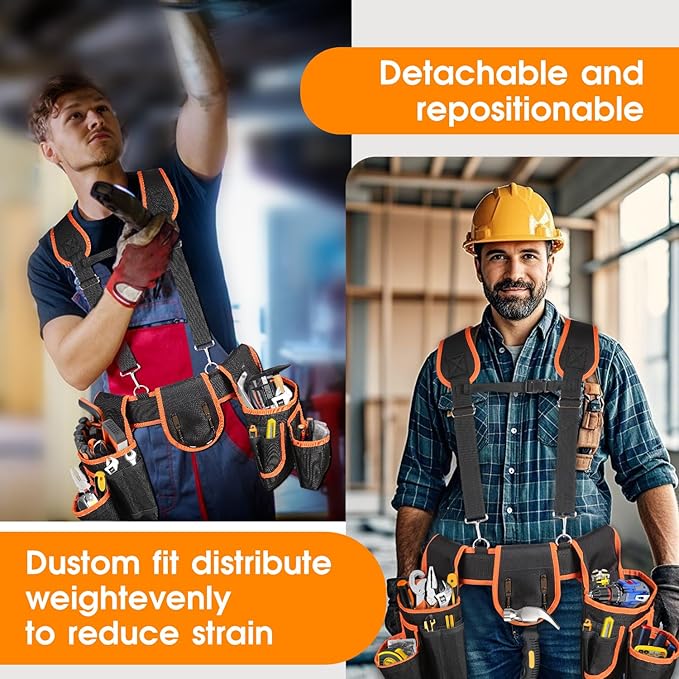 Tool Belt with Suspenders, Professional Tool Belt for Men, 18-Pocket Adjustable Heavy Duty Tool Organizer for Electrician, Carpenter, Framer, Construction Worker, Black & Orange (32''–66'')