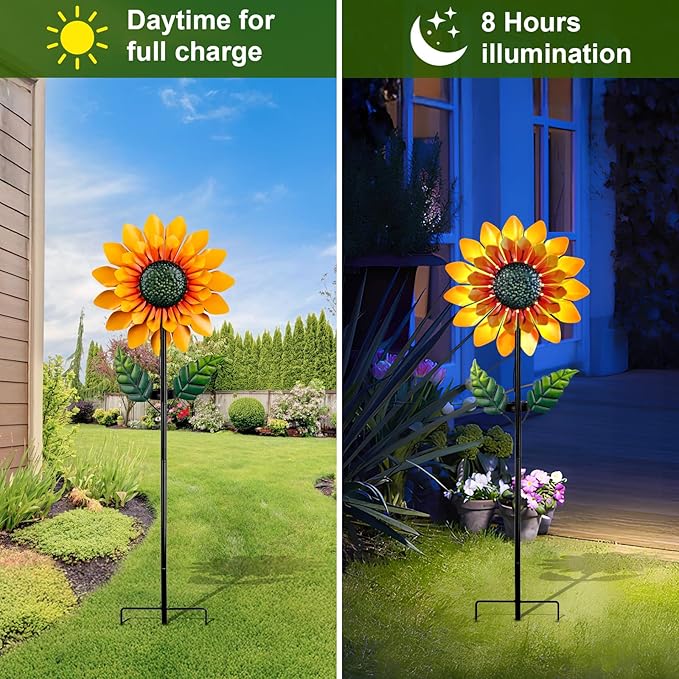 Sunflower Solar Wind Spinners for Yard and Garden - 52" Metal Windmill Ligths with LED Wind Sculptures with Stake for Lawn Patio Decor