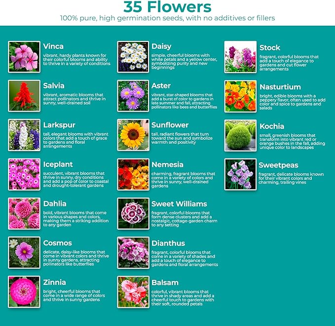 1700 + Mixed Combo Flower Seed Varieties for Your Home Garden, 35 Varieties Including Petunia, Zinnia, Sunflower Seeds and More, Attracts Pollinators, Non- GMO and Heirloom Seeds