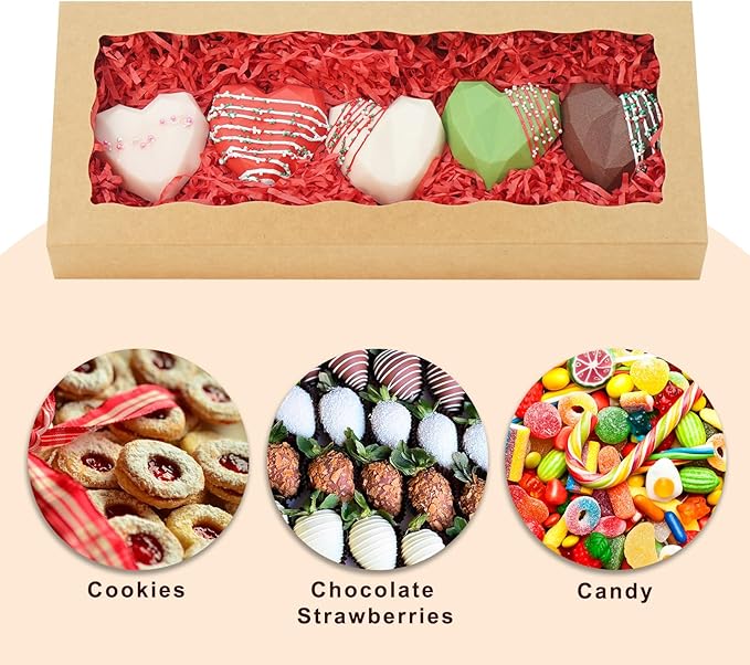 50pcs Cookie Boxes 12 x 5 x 1.5 Inch Bakery Boxes with window Chocolate Covered Strawberries Box for Christmas Valentine's Mother's Day- Brown