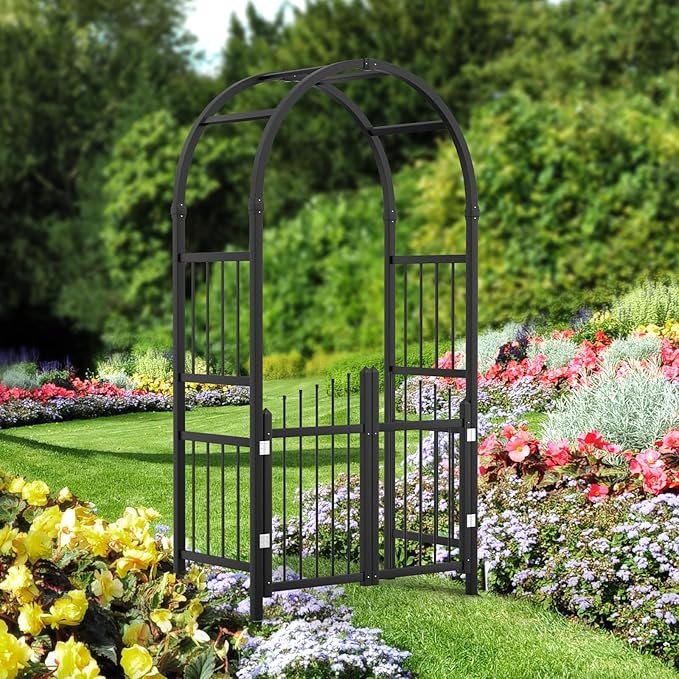 VINGLI Garden Arbor with Gate, PVC Frame Trellis Garden Arch for Plant Climbing, Vinyl Pergola Wedding Arch Backdrop Standing for Backyard, Lawn, Event (Black)