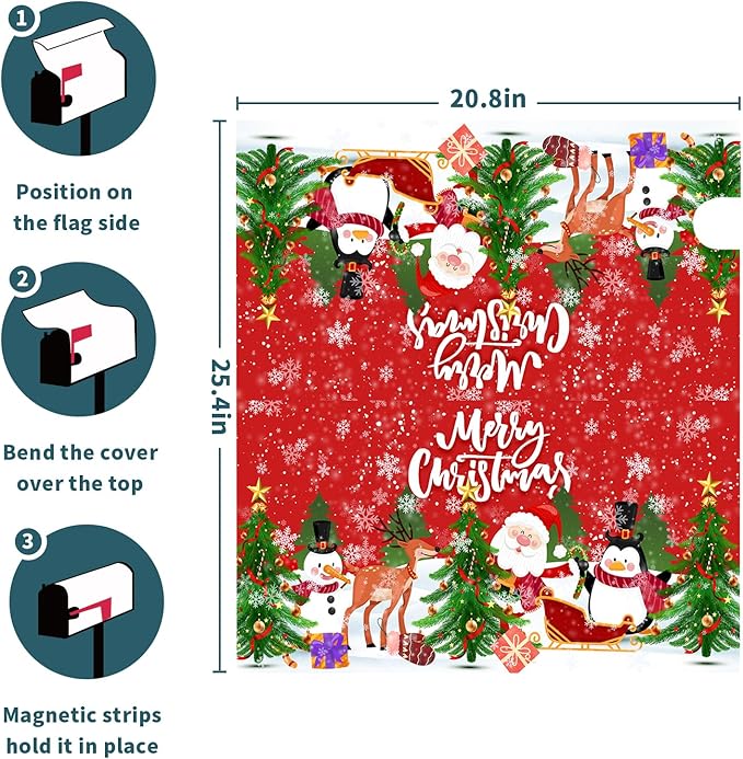 Merry Christmas Mailbox Cover, Magnetic Standard Size 25.5x21 Inch, Xmas Trees Santa Claus Snowman Reindeer Penguin Mailbox Wrap Post Cover for Garden Yard Outdoor Home Hew Year Decor